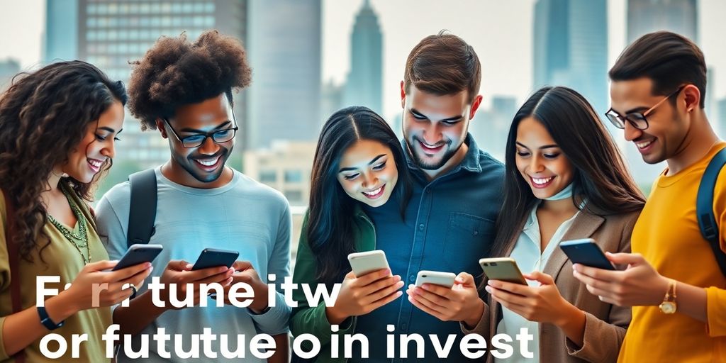 Young adults using Robinhood app in urban setting.