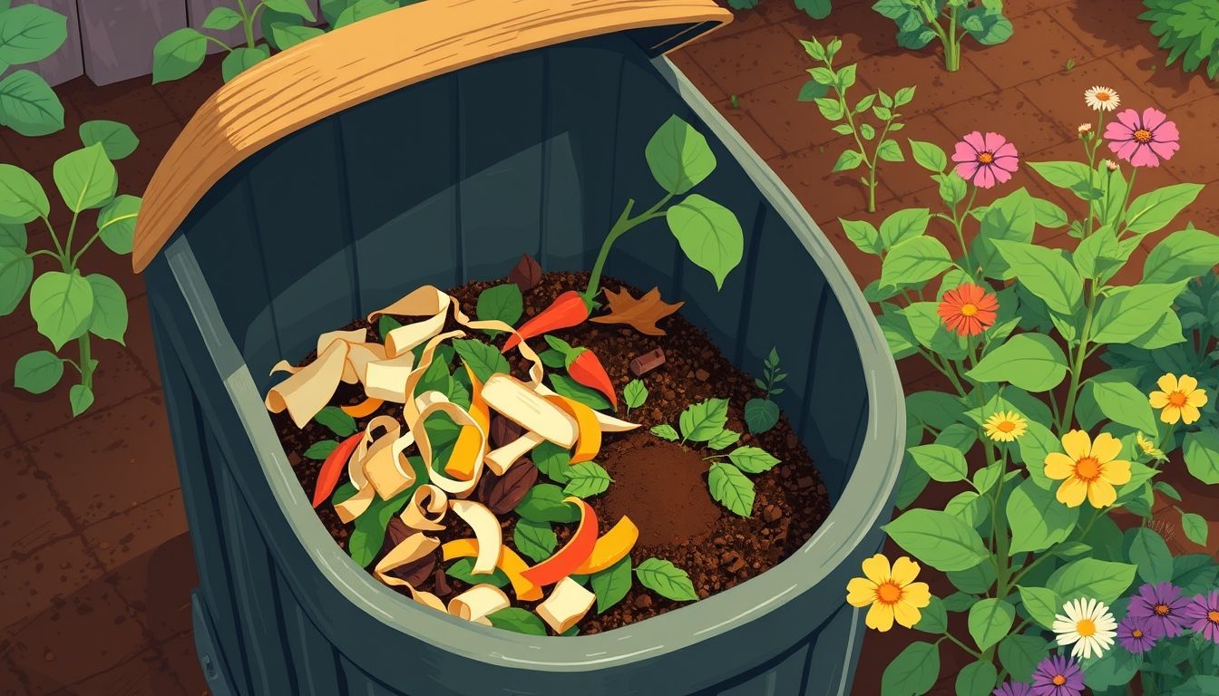 Compost bin with organic waste in a garden