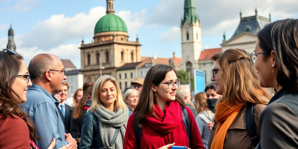 Diverse group discussing immigration and economy in Germany.