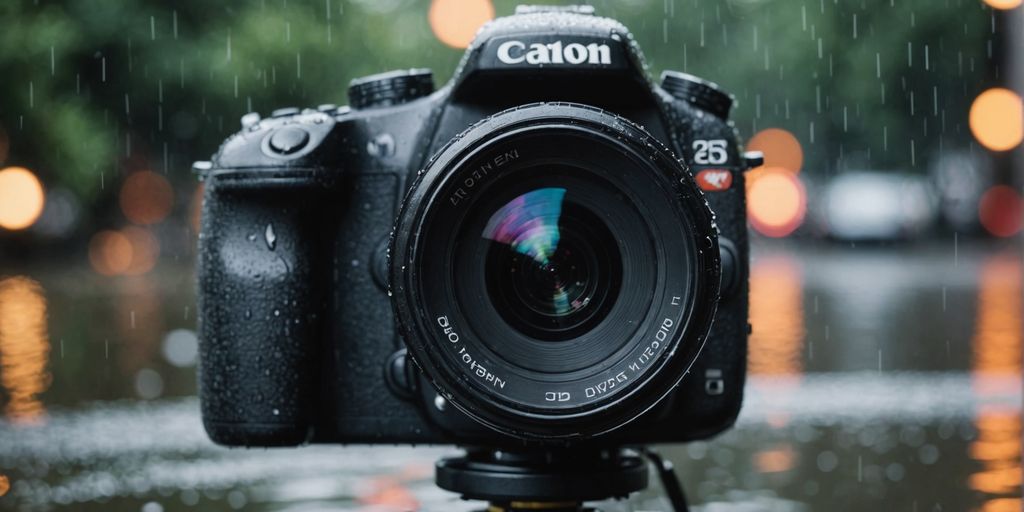Outdoor camera in rain with water droplets on lens.