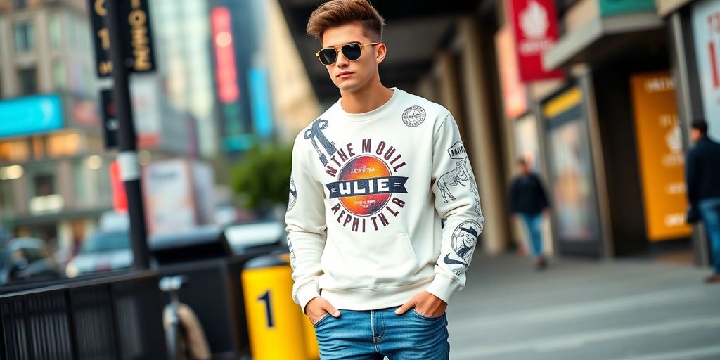 Stylish model in chic custom sweatshirt on urban street.