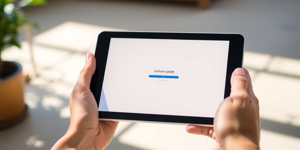 Hands holding an iPad, screen displaying update.