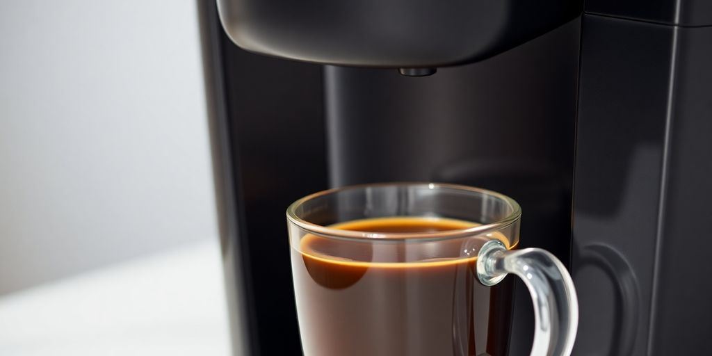 Brewing Keurig K-Express coffee maker, steam rising.