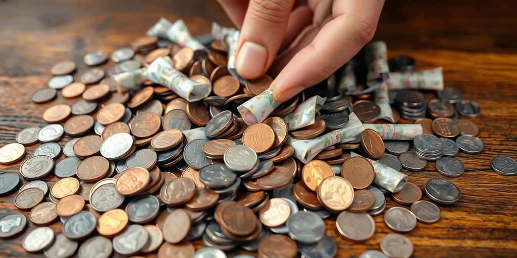 Hand searching through coin rolls and loose change.