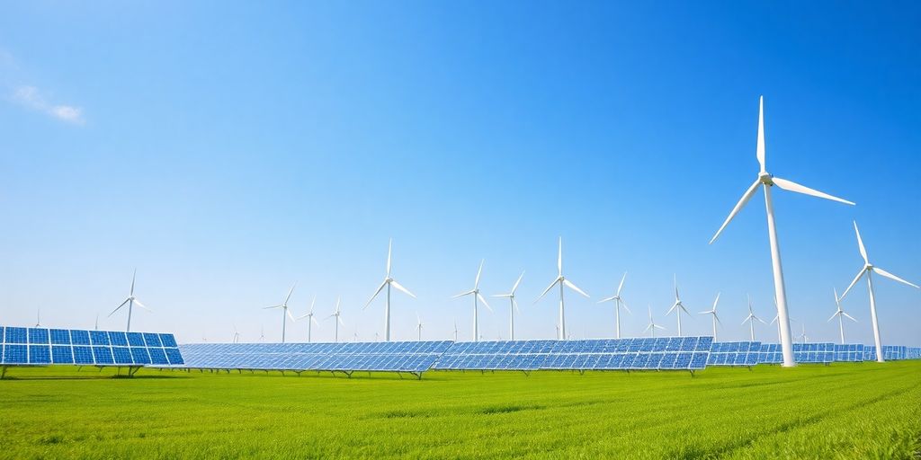 Wind turbines and solar panels in a green landscape.