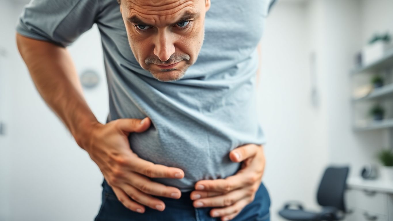 Concerned man holding abdomen in a medical office.