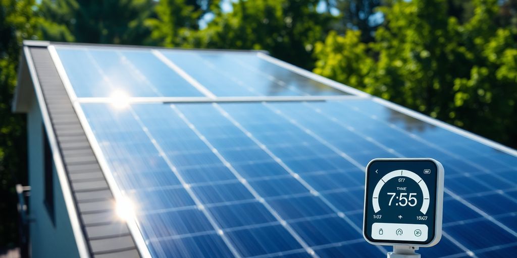 Solar panel on a home roof with greenery nearby.