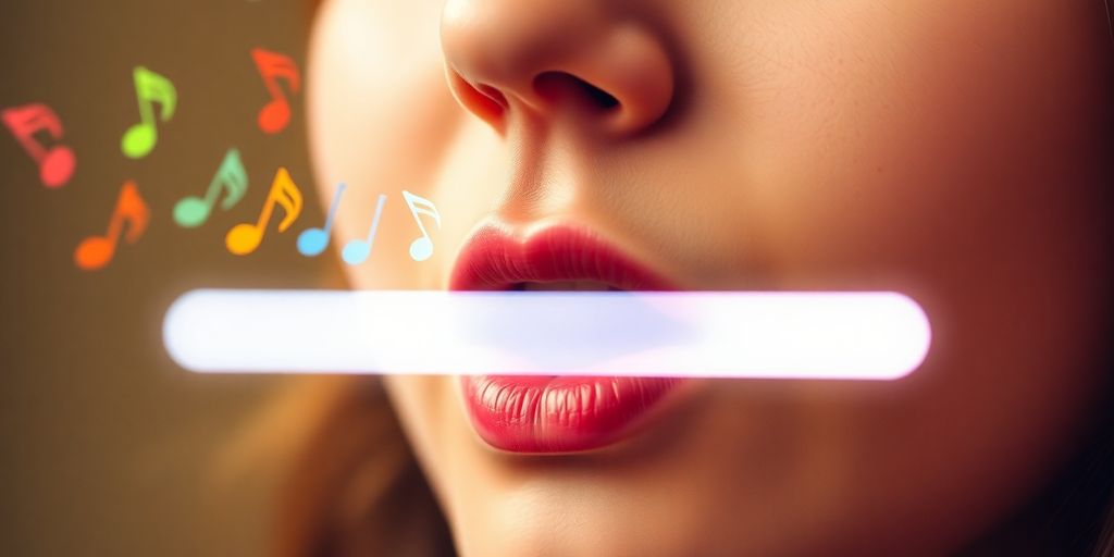 Person humming, surrounded by musical notes and search bar.