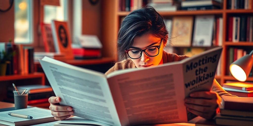 Person reading motivational books in a cozy study space.