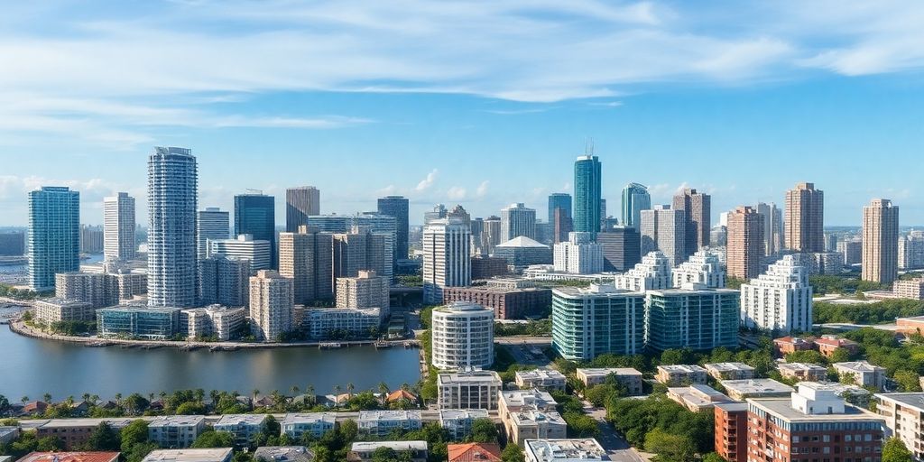 Tampa skyline with waterfront homes.