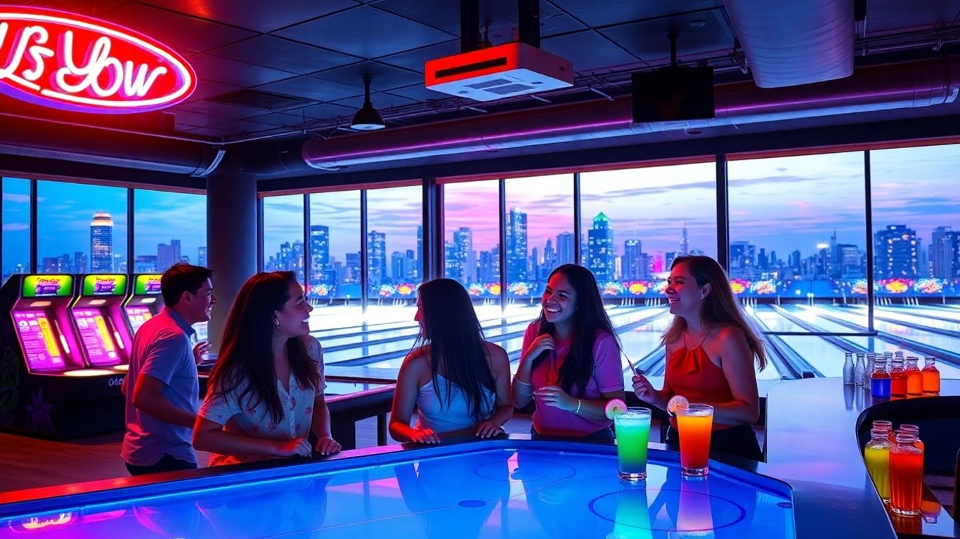 Friends gaming in neon-lit US club with arcade and bowling.