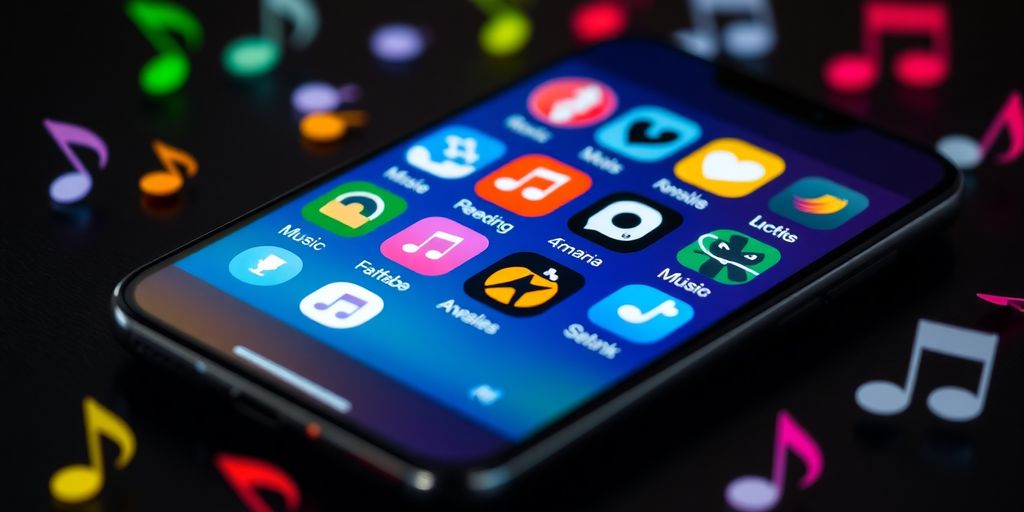 Smartphone with music apps and musical notes around it.
