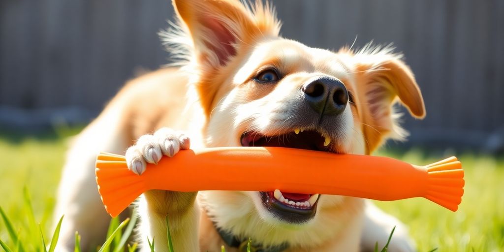 Dog happily playing with a colourful chew toy in the grass.