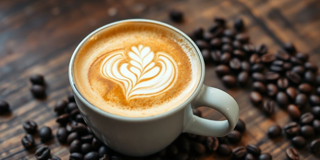 Close-up of latte art with coffee beans.