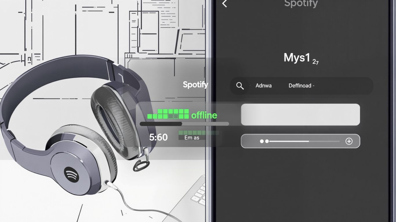 Smartphone con aplicación Spotify, auriculares y barra de descargas.