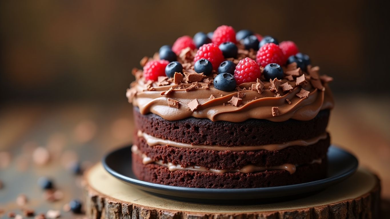Bolo de chocolate fofinho com recheio e frutas.