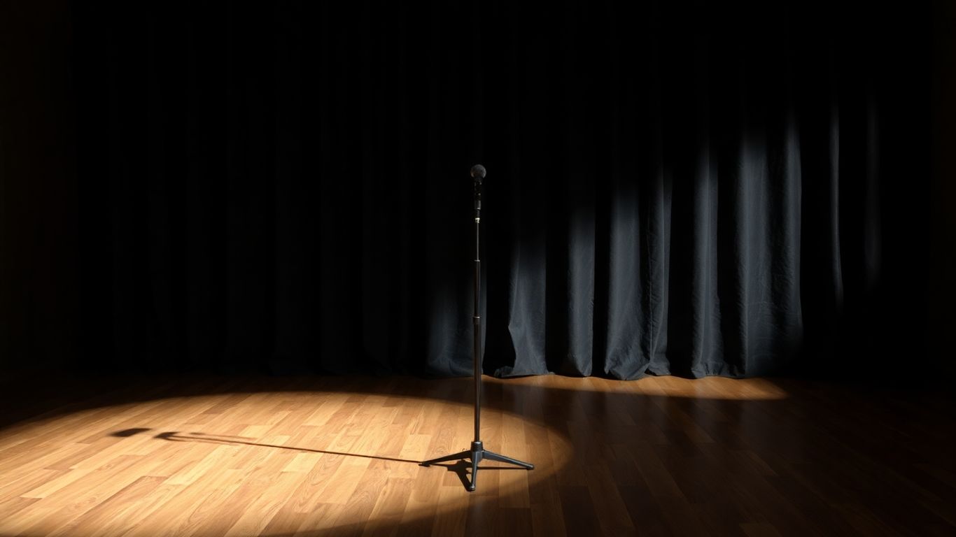 Empty comedy stage with spotlight and microphone.