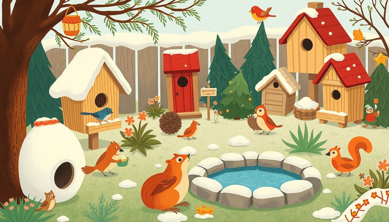Winter garden with birdhouses and animals