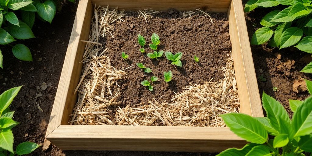Nahaufnahme eines Hochbeets mit frischer Mulchschicht und Erde im Garten