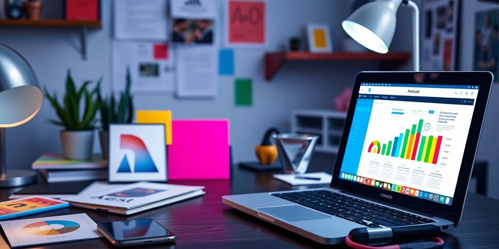 Colorful workspace with laptop and smartphone for marketing.