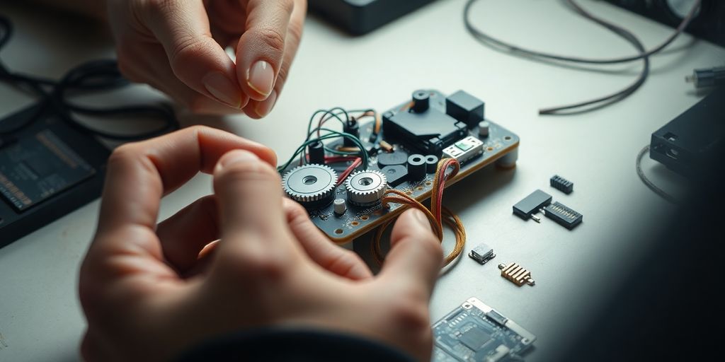 Hands assembling intricate prototype components.