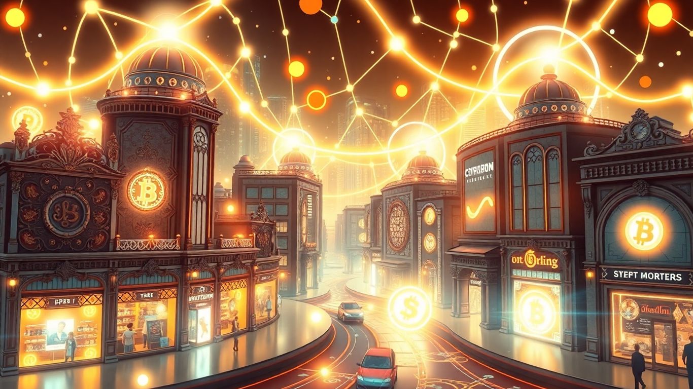 Digital marketplace with cryptocurrency and e-commerce elements.