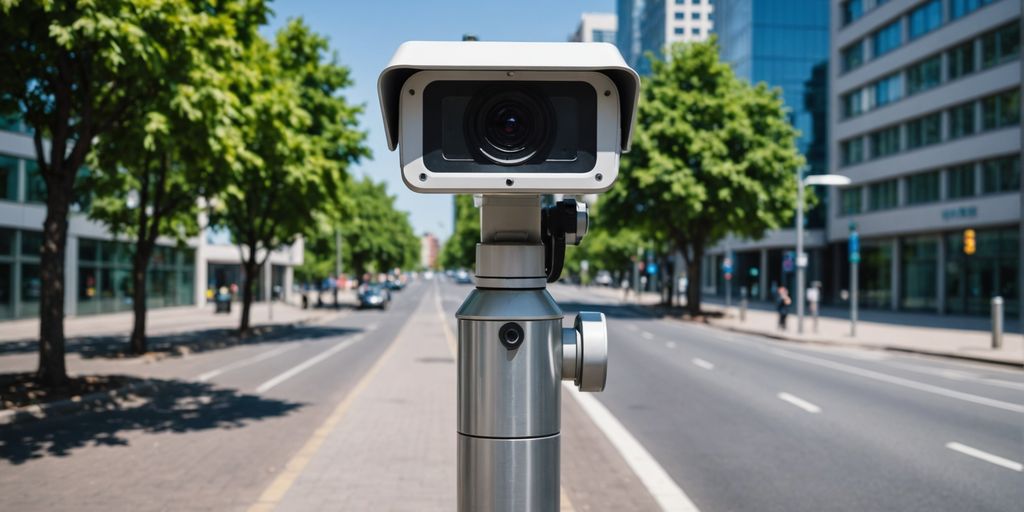 Modern CCTV camera on a pole in urban area.