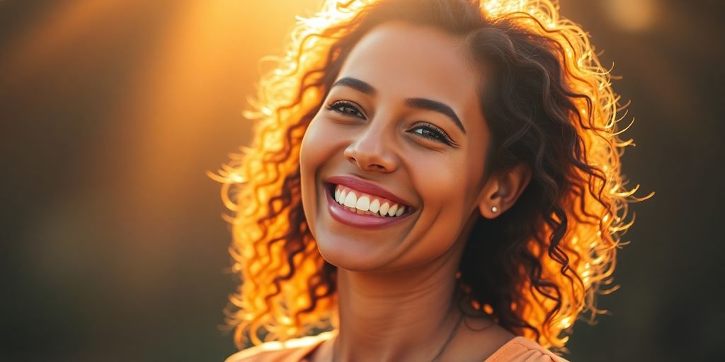 Woman smiling, radiating vibrant energy.