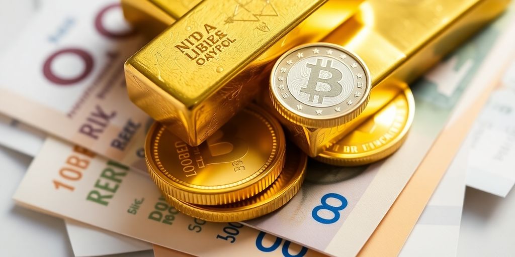 Lingots d'or et pièces sur billets de banque.
