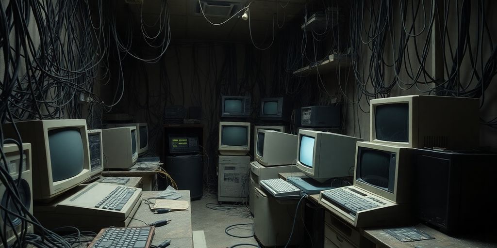 Vintage computers in a dimly lit room.