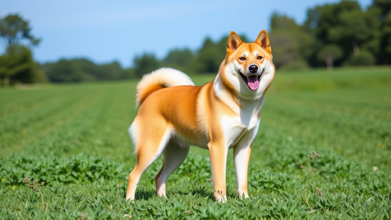 Korean Jindo dog in a green field.