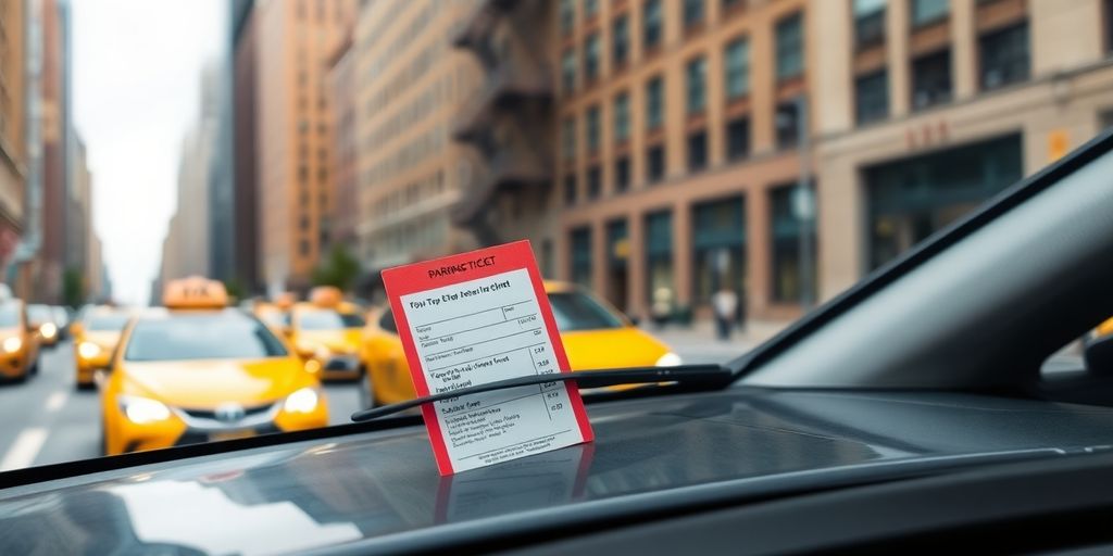Car with ticket, New York City street, yellow cab.