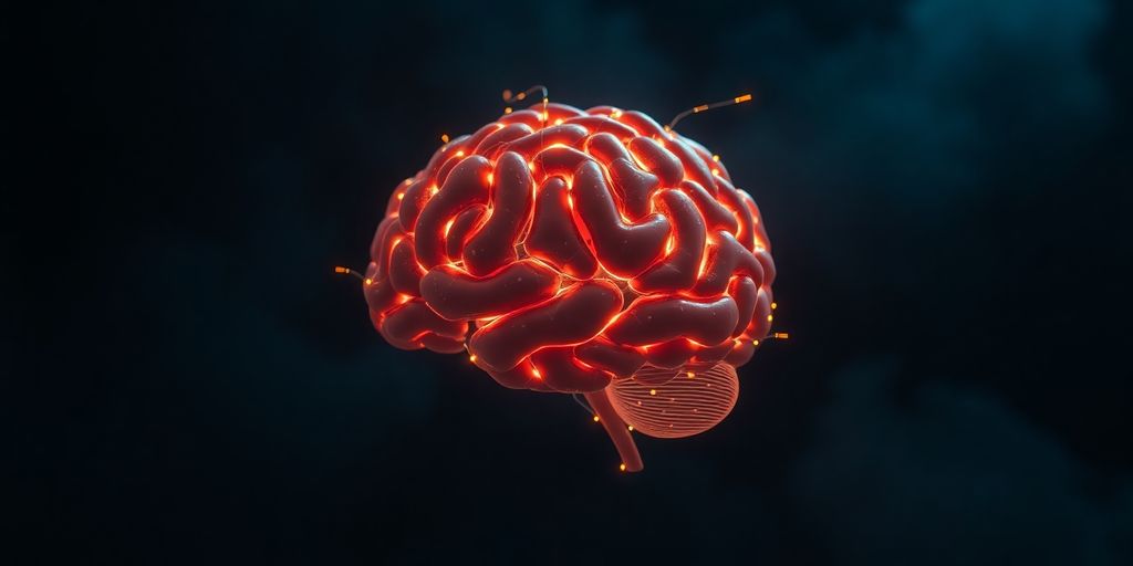 Close-up cerebral com luzes e fios conectados.