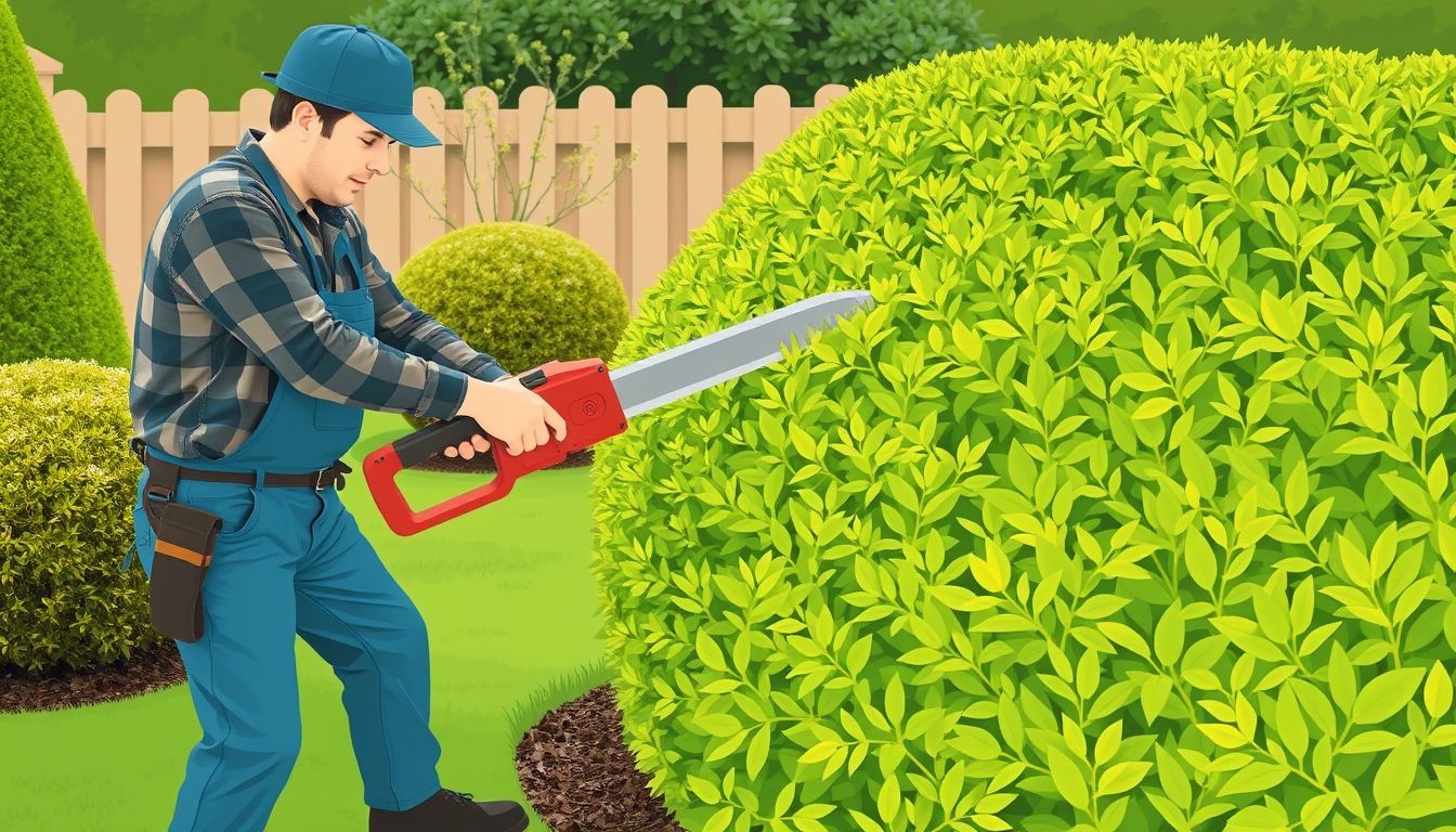 Gardener removing hedge in garden