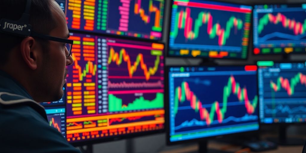 Trader analyzing forex data at a bustling trading desk.