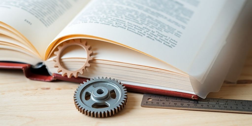 Open book, gears, and a ruler on a workbench.