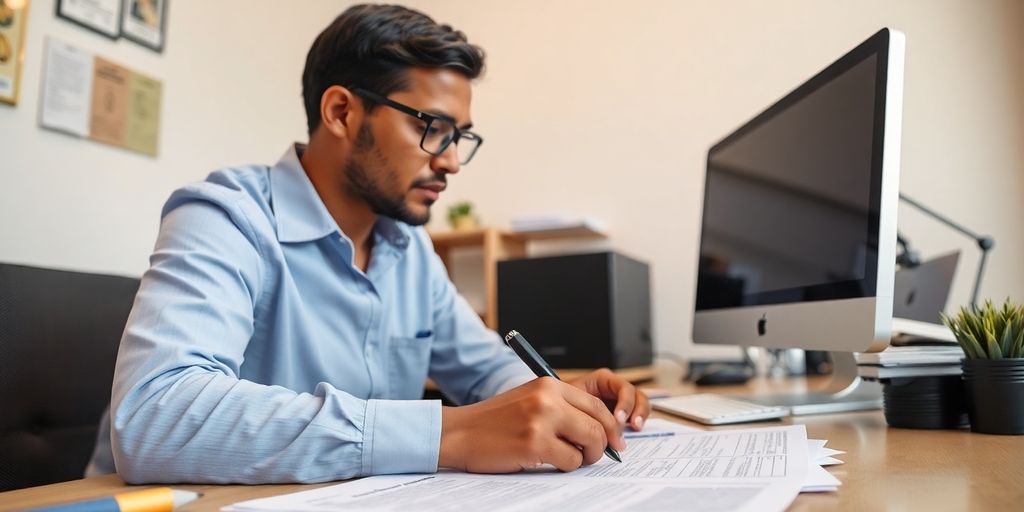 Professional translator with immigration documents at desk.