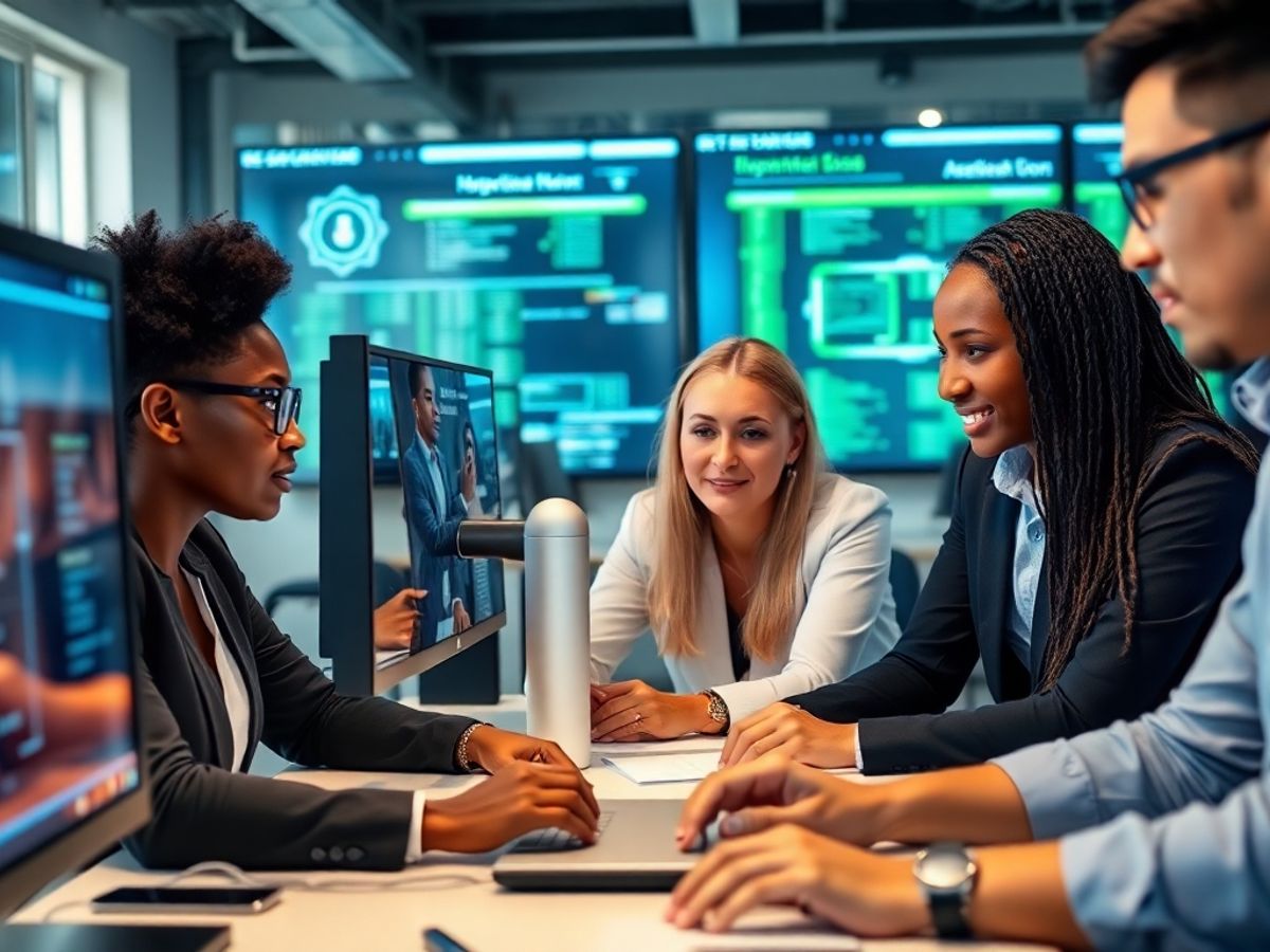 Diverse team collaborating on cybersecurity in modern office.