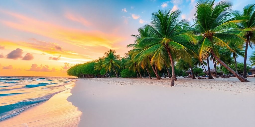 Strand i Barbados med turkost vatten och palmer.