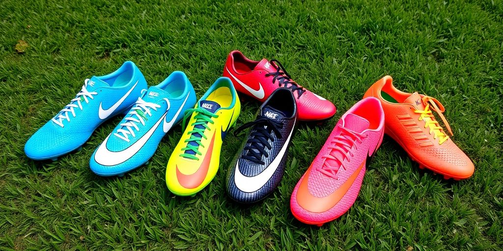 Various Nike soccer cleats on green grass field.