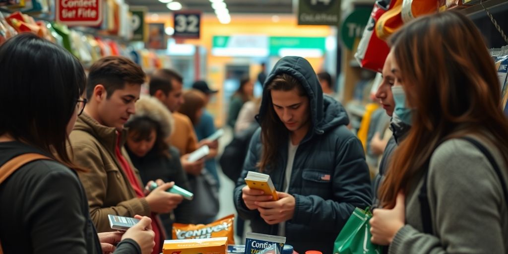 Diverse shoppers interacting with products.