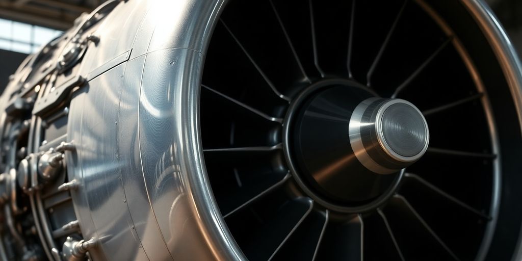 Early jet engine, intricate metal, powerful, ready for flight.