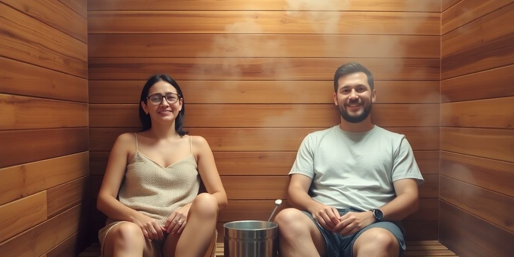 Two people relaxing inside a cozy wooden sauna.