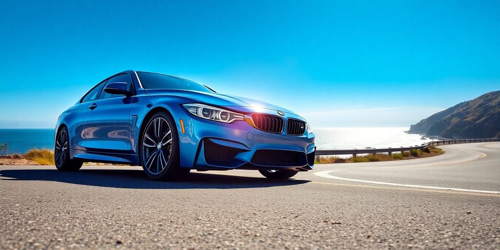 Sleek blue BMW on scenic coastal road.