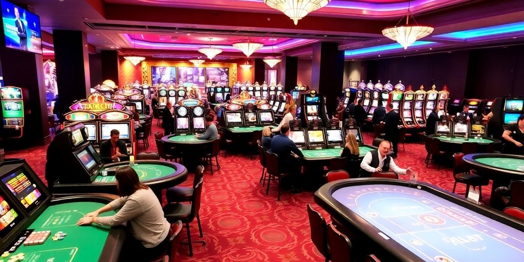 ภาพคาสิโนที่มีโต๊ะเกมและผู้เล่นสนุกสนาน