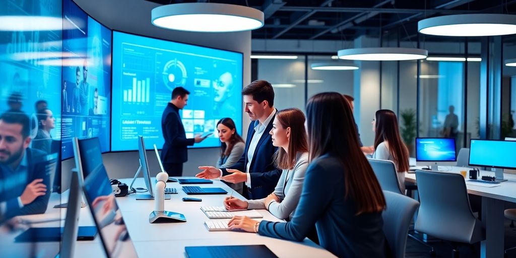 Professionals collaborating with AI technology in a modern office.