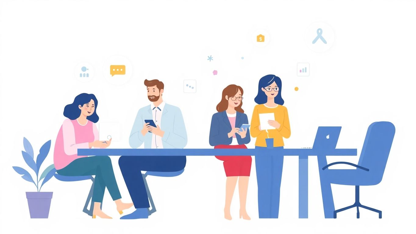 Illustrasjon av samarbeid med digitale enheter.