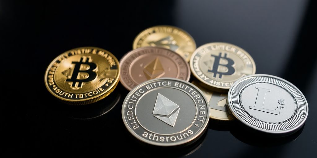 Digital coins arranged on a table.