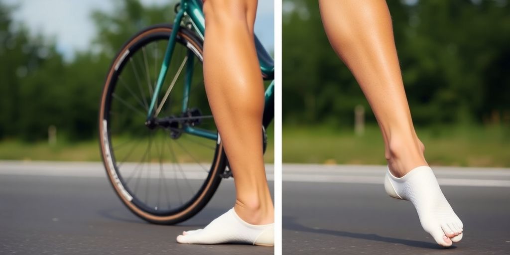 Cyclist performing a standing heel raise exercise.
