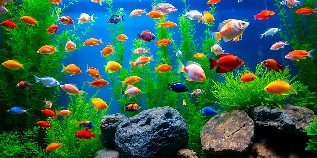 Makukulay na freshwater fish sa isang masaganang aquarium setting.